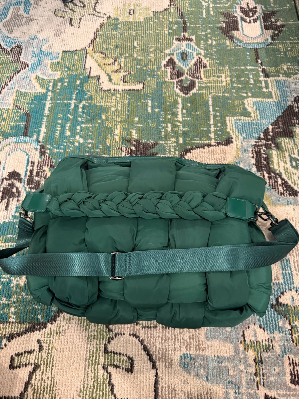 Padded Quilted Shoulder Bag with Braided Top Handle in Teal Green